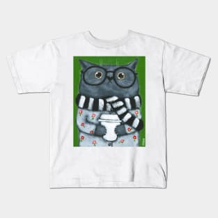 Coffee Cat Waiting For Spring Kids T-Shirt